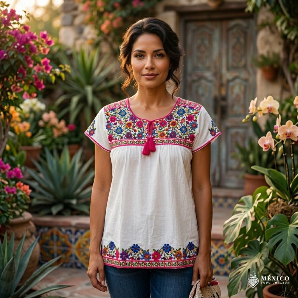 Mexican Embroidered Blouse – Handmade Floral design  EXTRA LARGE